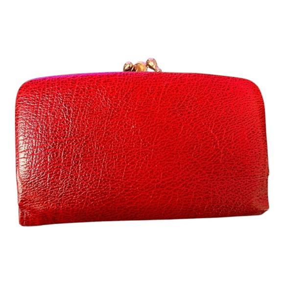 Vintage Red Leather Wallet with Double Kiss Lock Closure - Picture 2 of 6